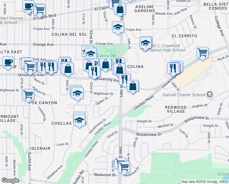 map of restaurants, bars, coffee shops, grocery stores, and more near 5317 Rex Avenue in San Diego
