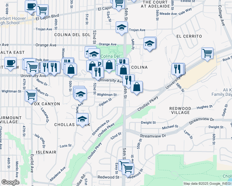 map of restaurants, bars, coffee shops, grocery stores, and more near 5317 Rex Avenue in San Diego