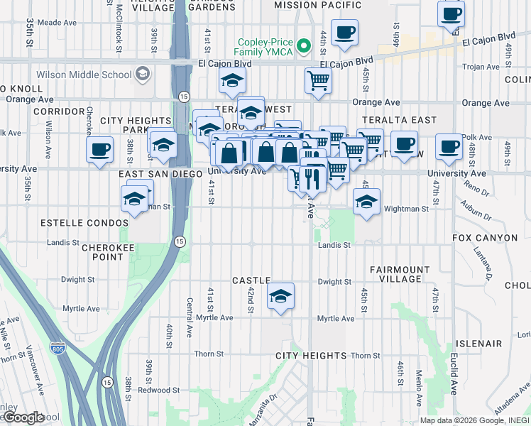 map of restaurants, bars, coffee shops, grocery stores, and more near 4238-40 Wightman Street in San Diego