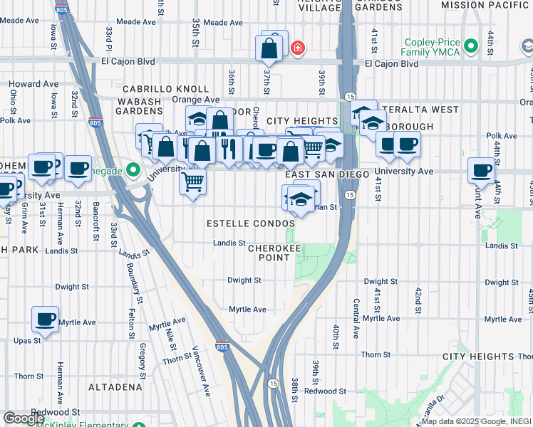 map of restaurants, bars, coffee shops, grocery stores, and more near 3662 Wightman Street in San Diego