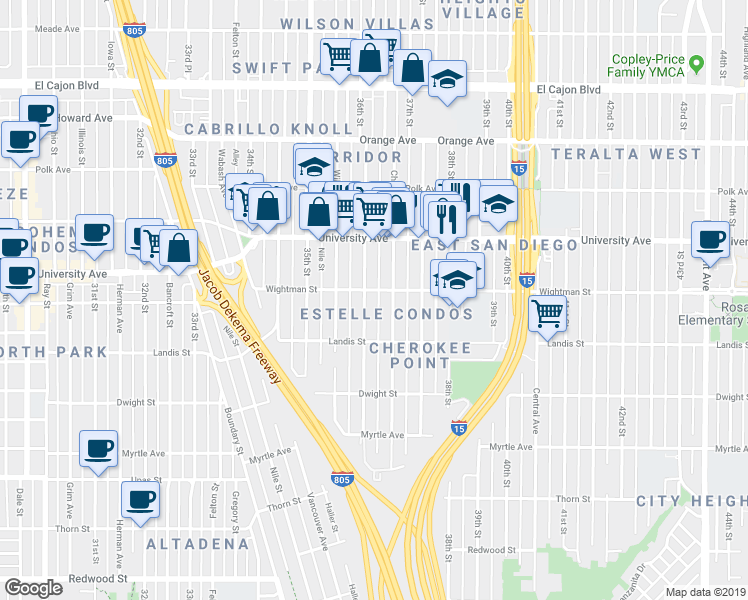 map of restaurants, bars, coffee shops, grocery stores, and more near 3805 36th Street in San Diego