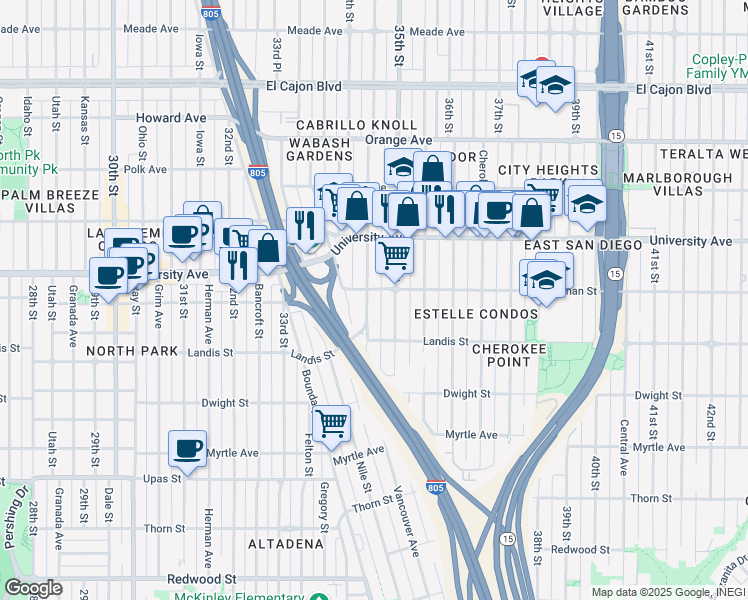 map of restaurants, bars, coffee shops, grocery stores, and more near 3806 35th Street in San Diego