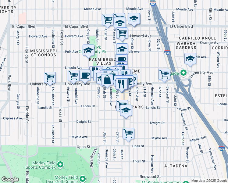 map of restaurants, bars, coffee shops, grocery stores, and more near in San Diego