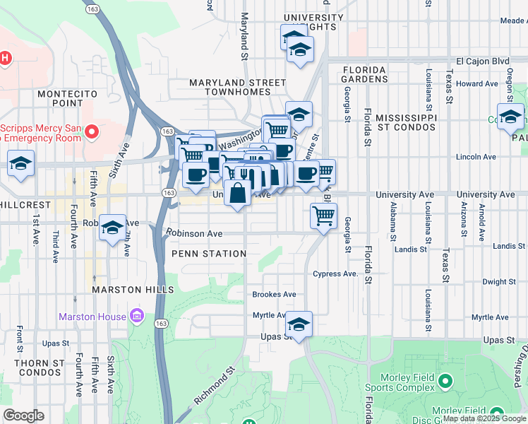 map of restaurants, bars, coffee shops, grocery stores, and more near 1451 University Avenue in San Diego