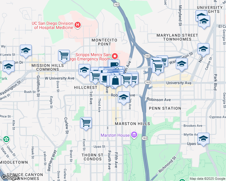 map of restaurants, bars, coffee shops, grocery stores, and more near 3880 Fifth Avenue in San Diego