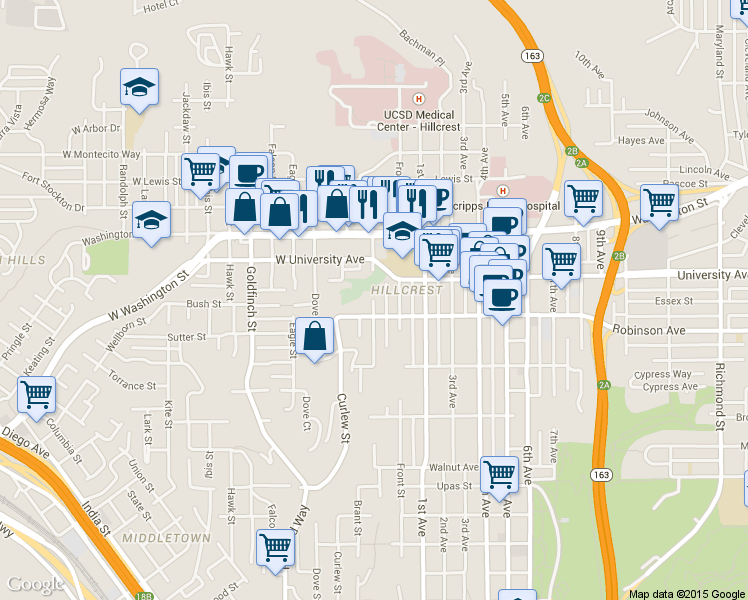 map of restaurants, bars, coffee shops, grocery stores, and more near 3844 Albatross Street in San Diego