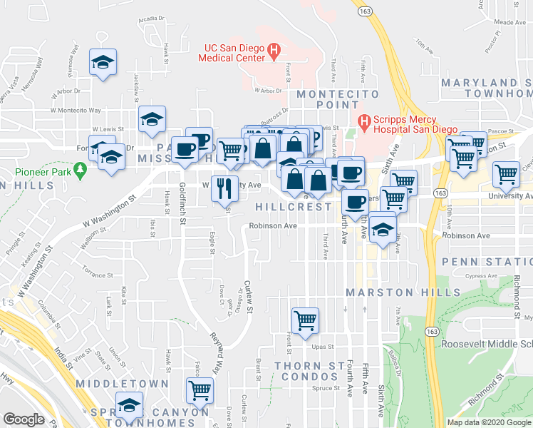 map of restaurants, bars, coffee shops, grocery stores, and more near 3844 Albatross Street in San Diego