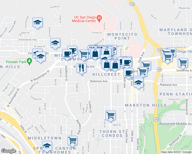 map of restaurants, bars, coffee shops, grocery stores, and more near 3844 Albatross Street in San Diego
