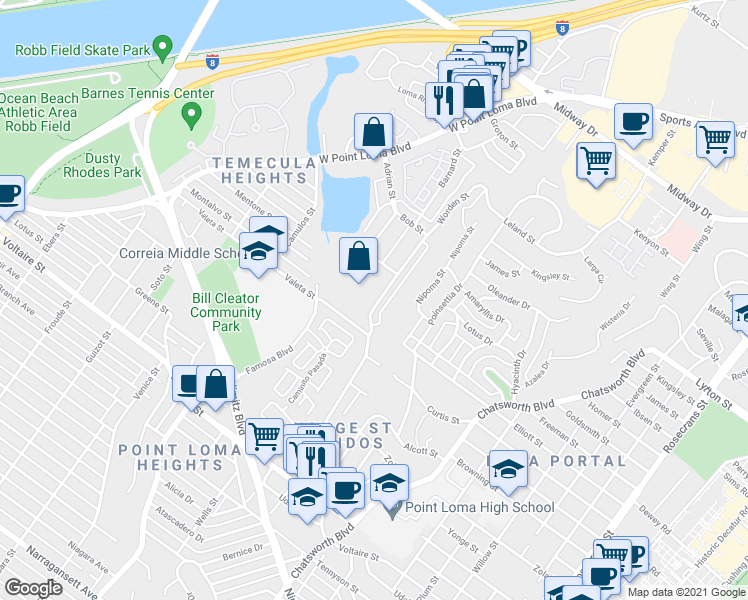 map of restaurants, bars, coffee shops, grocery stores, and more near 2654 Worden Street in San Diego
