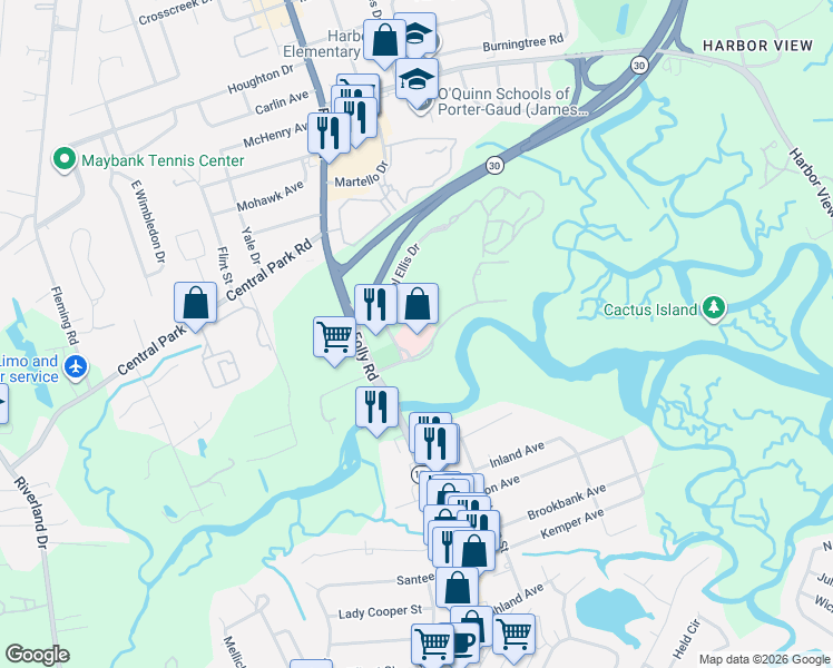 map of restaurants, bars, coffee shops, grocery stores, and more near 776 Daniel Ellis Drive in Charleston