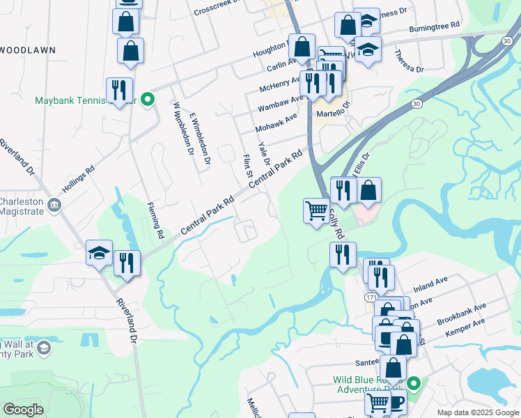 map of restaurants, bars, coffee shops, grocery stores, and more near 1755 Central Park Road in Charleston