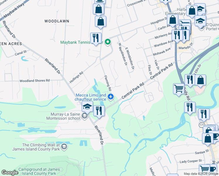 map of restaurants, bars, coffee shops, grocery stores, and more near 1820 Fleming Woods Road in Charleston