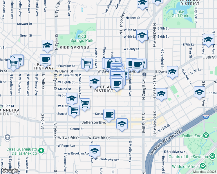map of restaurants, bars, coffee shops, grocery stores, and more near 424 West Eighth Street in Dallas