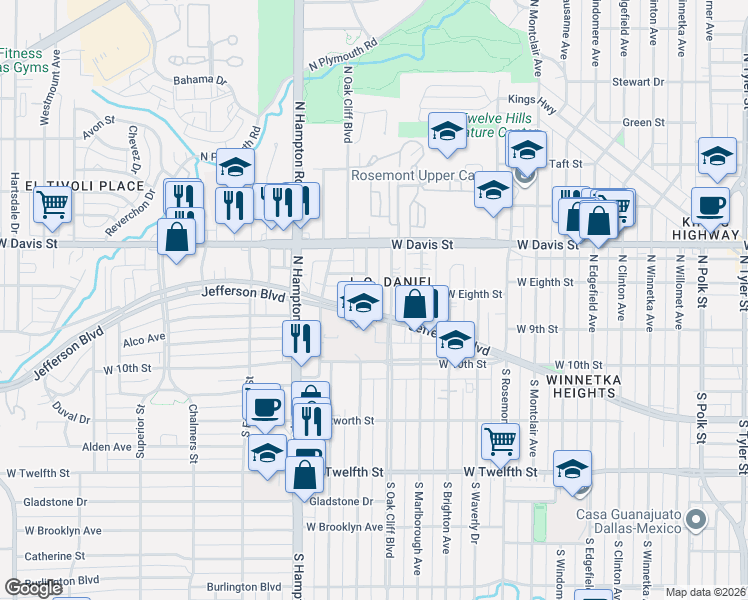 map of restaurants, bars, coffee shops, grocery stores, and more near 406 North Montreal Avenue in Dallas