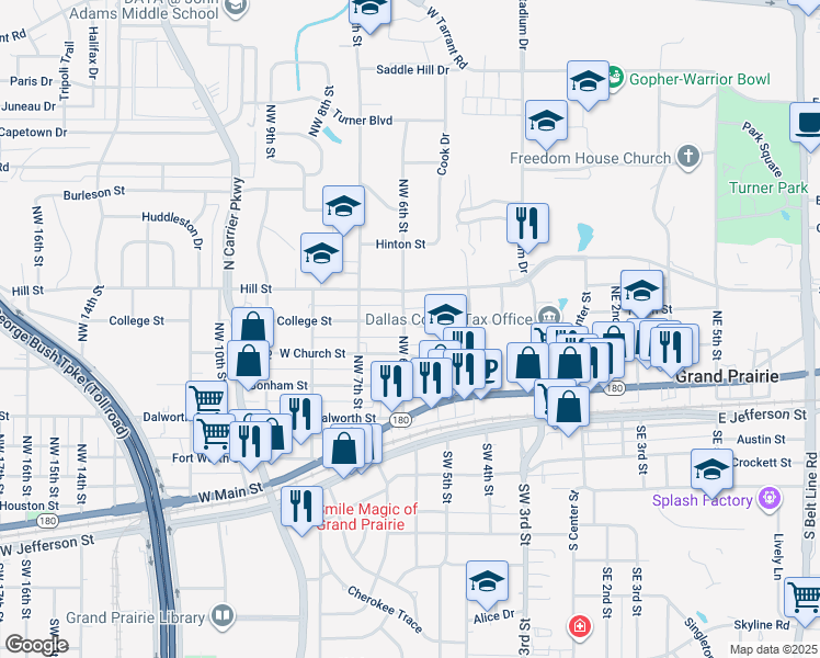 map of restaurants, bars, coffee shops, grocery stores, and more near 518 College Street in Grand Prairie