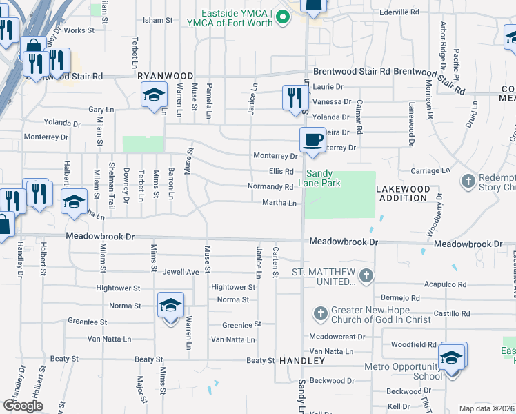map of restaurants, bars, coffee shops, grocery stores, and more near 7305 Martha Lane in Fort Worth