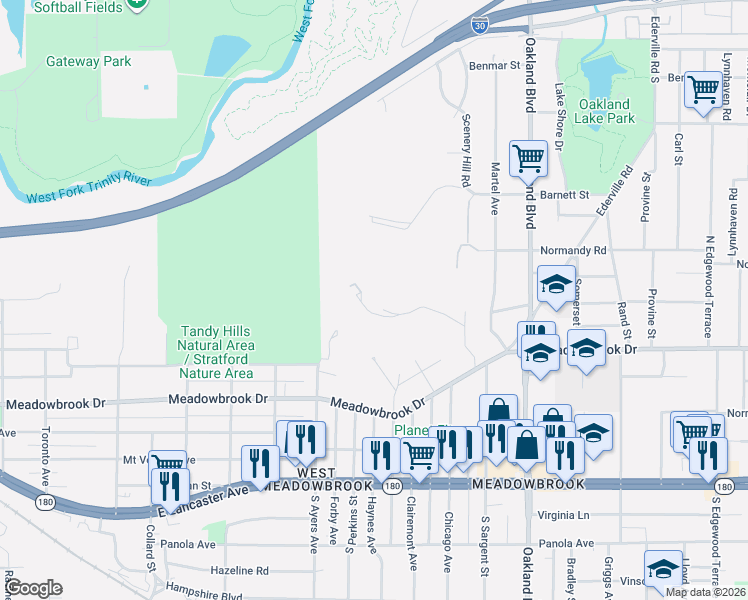 map of restaurants, bars, coffee shops, grocery stores, and more near 2100 Stratford Park Drive in Fort Worth