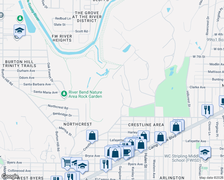 map of restaurants, bars, coffee shops, grocery stores, and more near 1120 Pebble Creek Road in Fort Worth