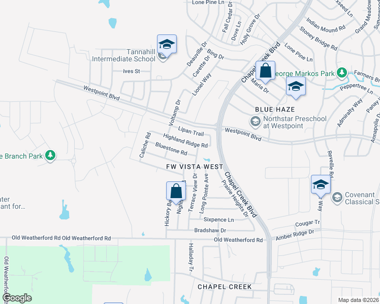 map of restaurants, bars, coffee shops, grocery stores, and more near 10613 Highland Ridge Road in Fort Worth