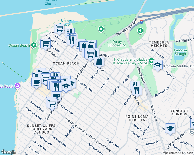 map of restaurants, bars, coffee shops, grocery stores, and more near 4672 Long Branch Avenue in San Diego