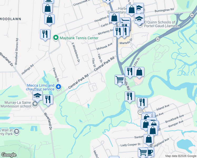 map of restaurants, bars, coffee shops, grocery stores, and more near 1755 Central Park Road in Charleston