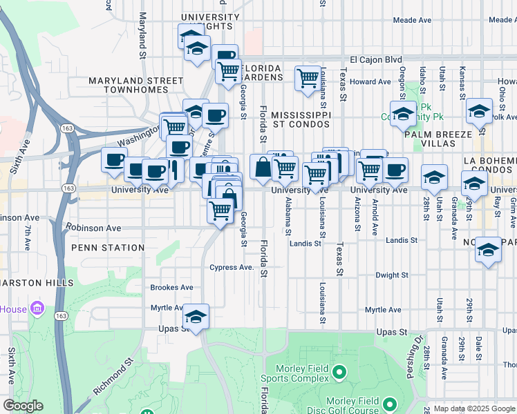 map of restaurants, bars, coffee shops, grocery stores, and more near 3790 Florida Street in San Diego