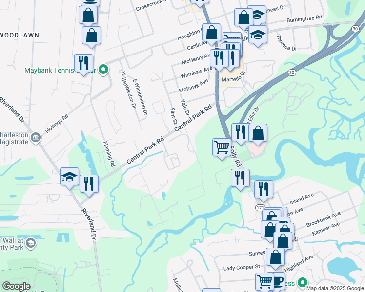 map of restaurants, bars, coffee shops, grocery stores, and more near 1755 Central Park Road in Charleston