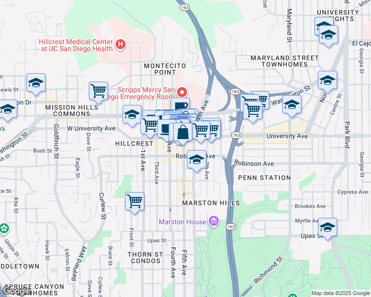 map of restaurants, bars, coffee shops, grocery stores, and more near 3827 5th Avenue in San Diego