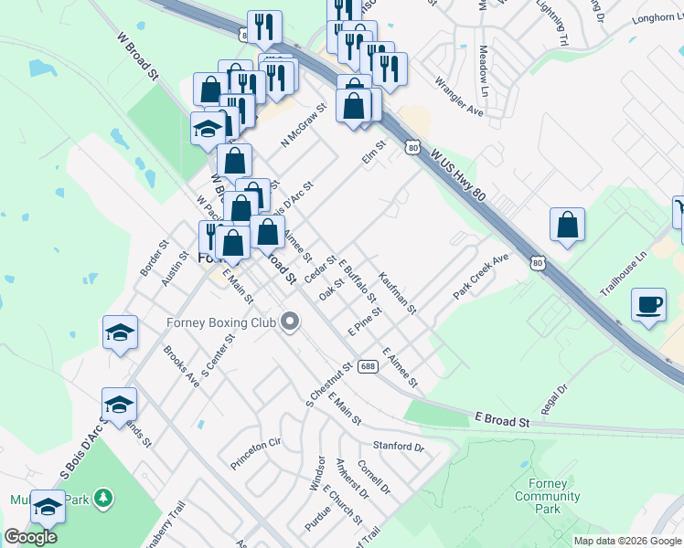 map of restaurants, bars, coffee shops, grocery stores, and more near 406 Oak Street in Forney