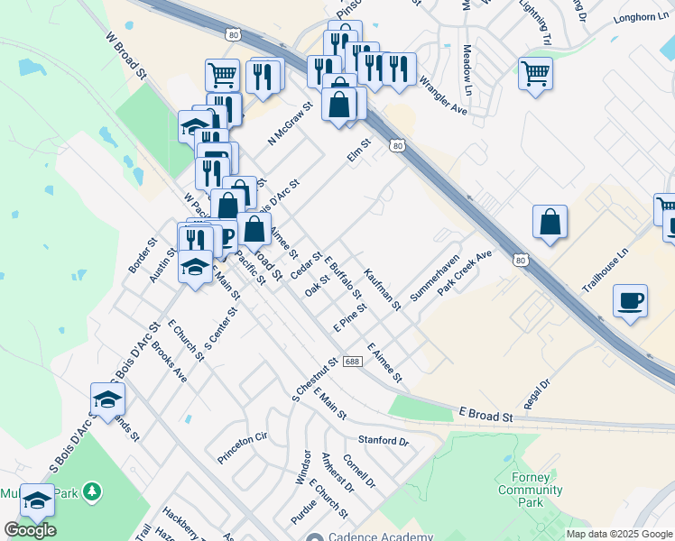 map of restaurants, bars, coffee shops, grocery stores, and more near 408 Kaufman Street in Forney
