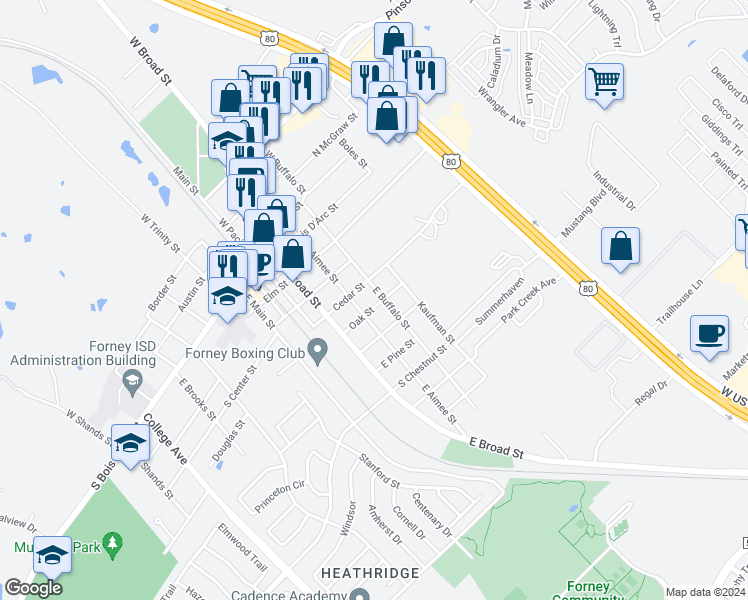 map of restaurants, bars, coffee shops, grocery stores, and more near 404 Oak Street in Forney