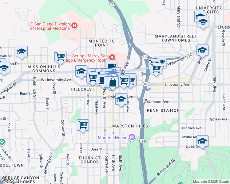 map of restaurants, bars, coffee shops, grocery stores, and more near 3827 5th Avenue in San Diego