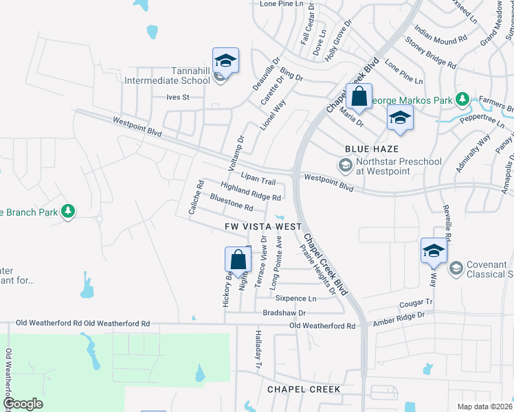 map of restaurants, bars, coffee shops, grocery stores, and more near 10613 Highland Ridge Road in Fort Worth