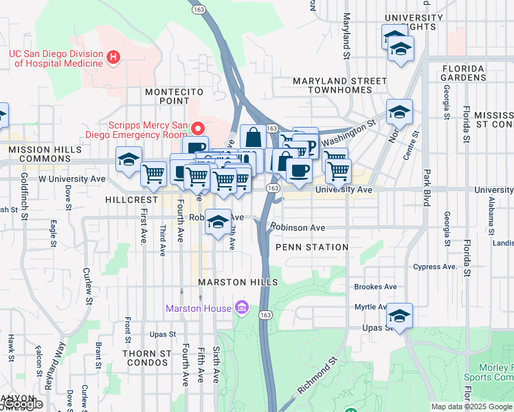 map of restaurants, bars, coffee shops, grocery stores, and more near 737 University Avenue in San Diego