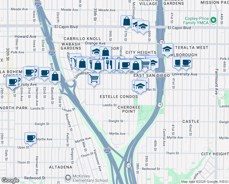 map of restaurants, bars, coffee shops, grocery stores, and more near 3805 36th Street in San Diego