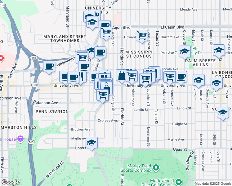 map of restaurants, bars, coffee shops, grocery stores, and more near 3880 Florida Street in San Diego