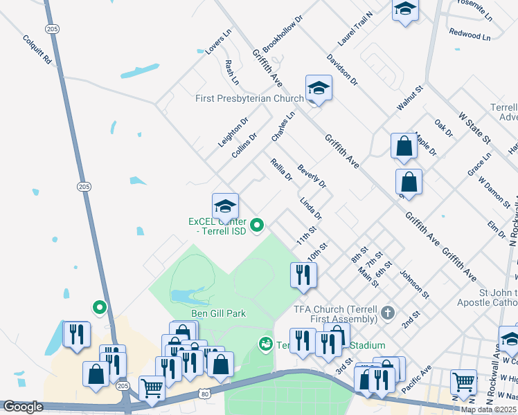 map of restaurants, bars, coffee shops, grocery stores, and more near 1350 Colquitt Road in Terrell