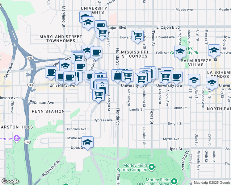 map of restaurants, bars, coffee shops, grocery stores, and more near 3880 Florida Street in San Diego