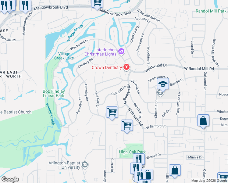 map of restaurants, bars, coffee shops, grocery stores, and more near 2701 Chinquapin Oak Lane in Arlington