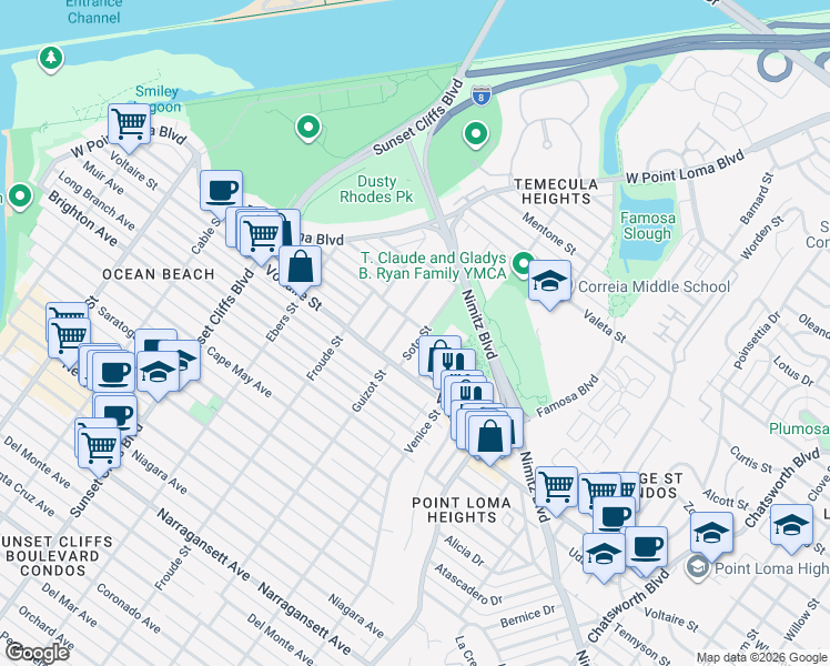 map of restaurants, bars, coffee shops, grocery stores, and more near 2264 Soto Street in San Diego