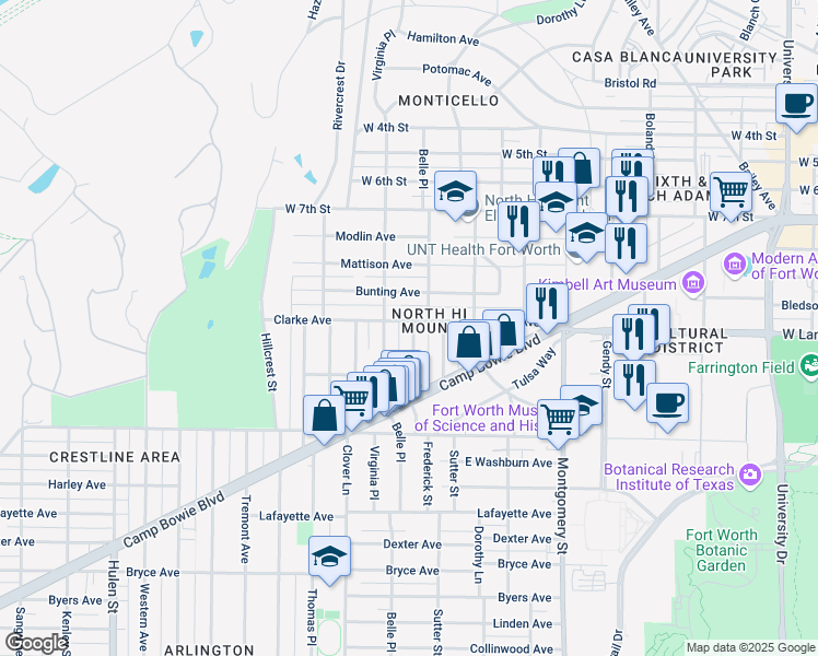 map of restaurants, bars, coffee shops, grocery stores, and more near 3902 Clarke Avenue in Fort Worth