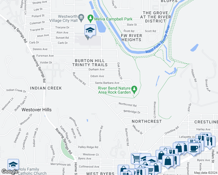 map of restaurants, bars, coffee shops, grocery stores, and more near 5460 Santa Marie Avenue in Fort Worth