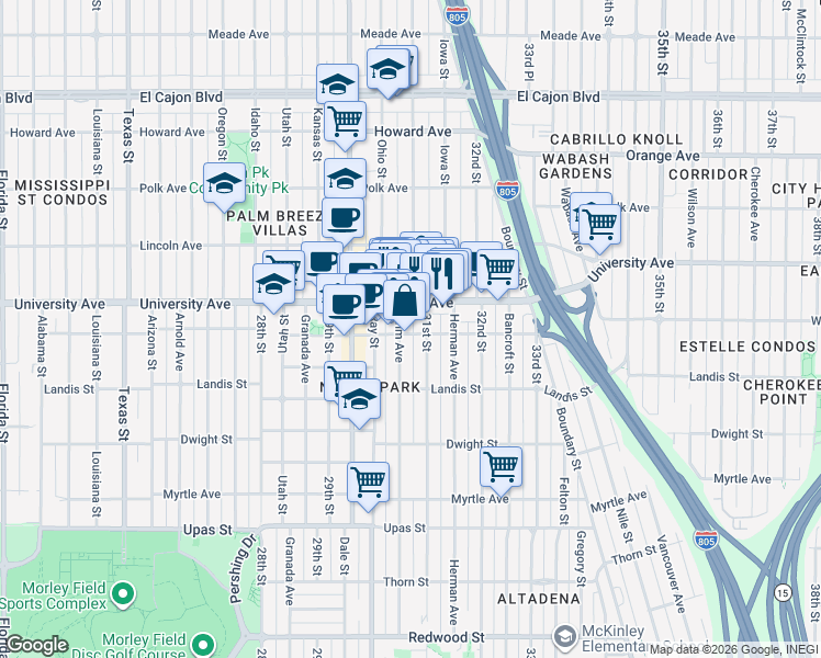 map of restaurants, bars, coffee shops, grocery stores, and more near in San Diego