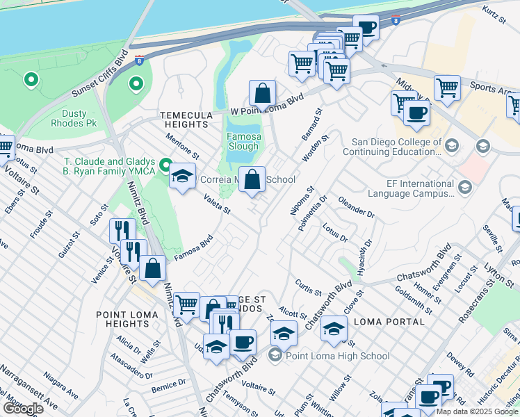 map of restaurants, bars, coffee shops, grocery stores, and more near 2654 Worden Street in San Diego