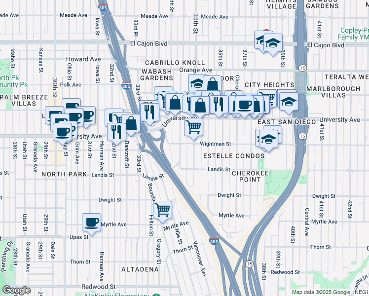 map of restaurants, bars, coffee shops, grocery stores, and more near 3806 35th Street in San Diego