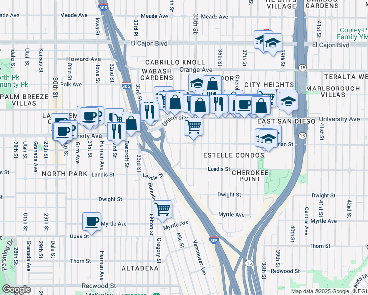 map of restaurants, bars, coffee shops, grocery stores, and more near 3783 Swift Avenue in San Diego