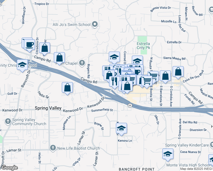 map of restaurants, bars, coffee shops, grocery stores, and more near 9620 Campo Road in Spring Valley