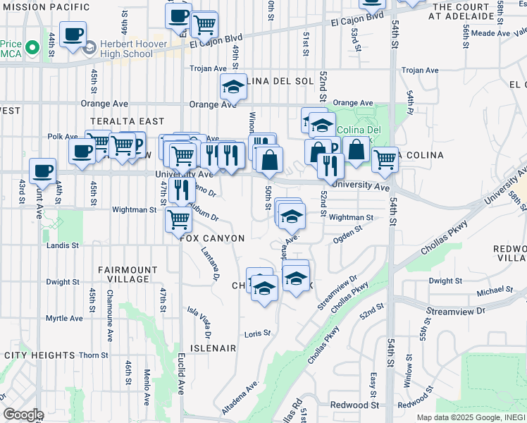 map of restaurants, bars, coffee shops, grocery stores, and more near 3833 50th Street in San Diego