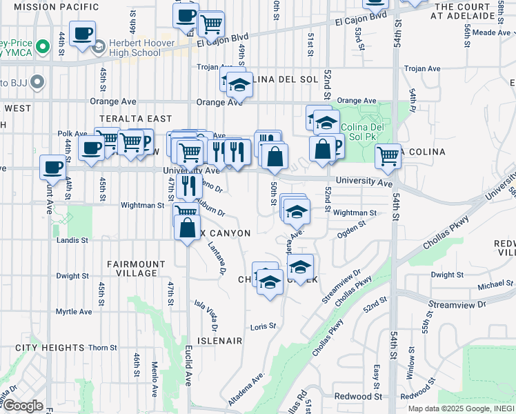 map of restaurants, bars, coffee shops, grocery stores, and more near 3826 Winona Avenue in San Diego