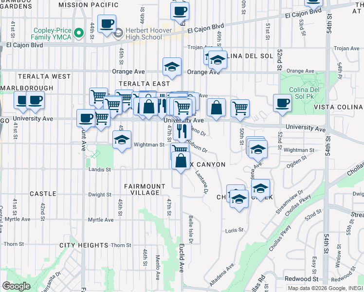 map of restaurants, bars, coffee shops, grocery stores, and more near 4718 Wightman Street in San Diego